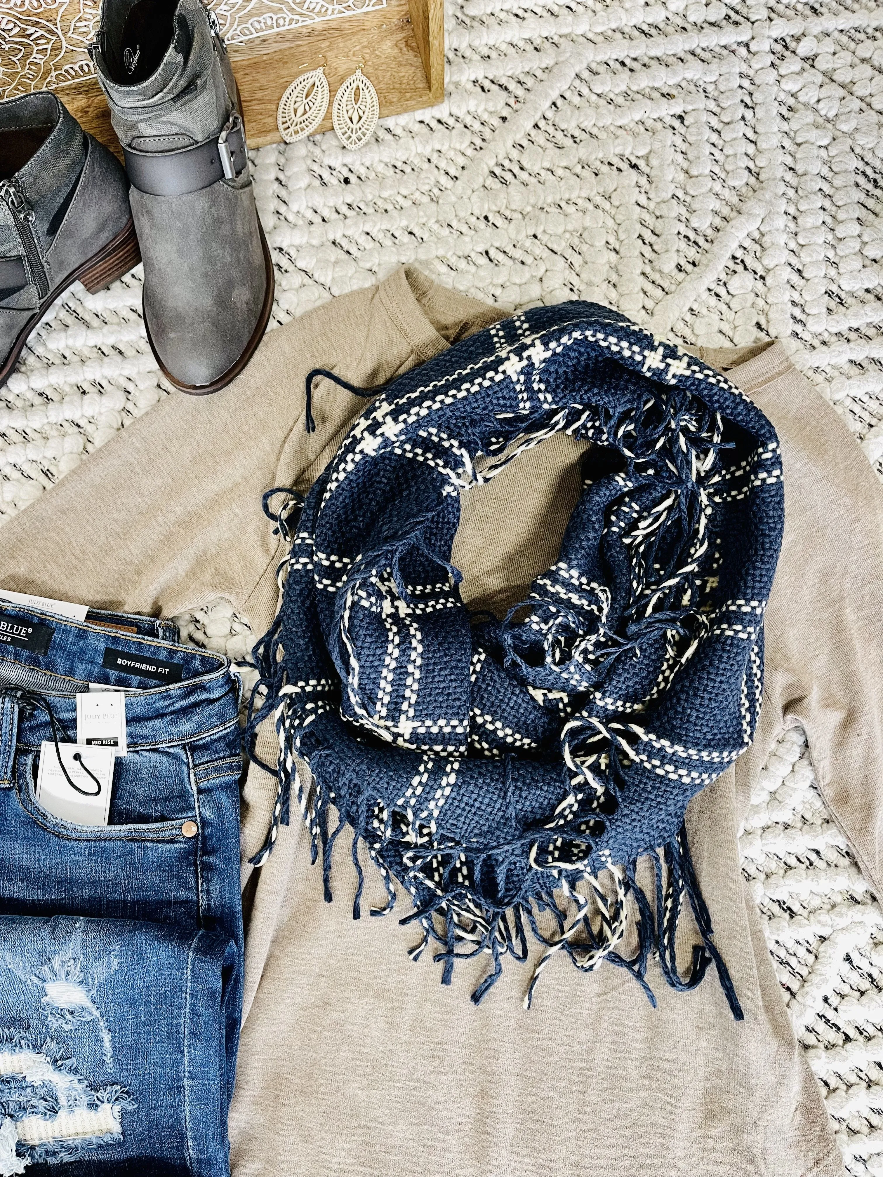 Tied Up In You In Navy and Cream Knit Infinity Scarf