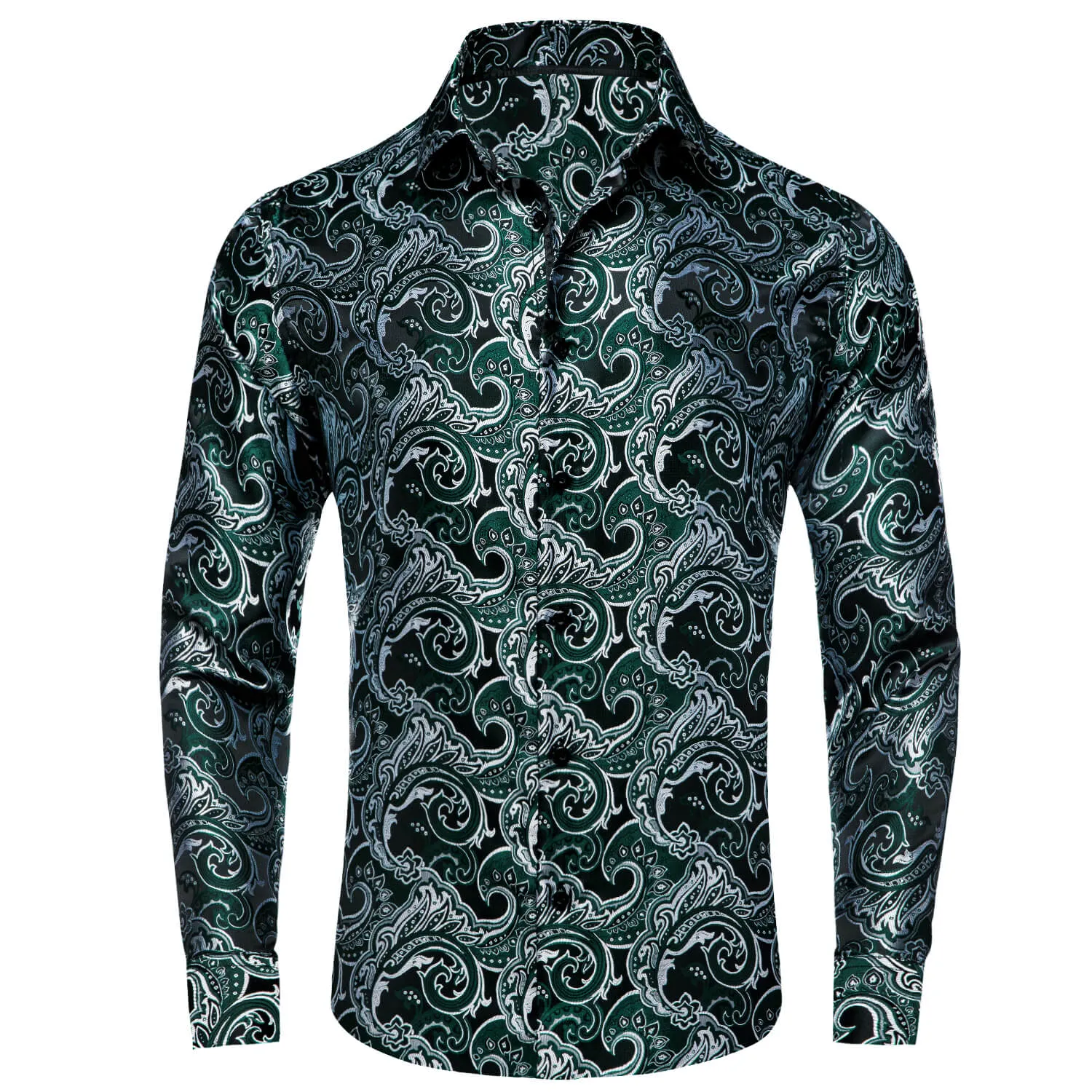 Ties2you Button Down Shirt Sapphire Pine Green Silver Jacquard Floral Silk Shirt