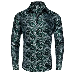 Ties2you Button Down Shirt Sapphire Pine Green Silver Jacquard Floral Silk Shirt