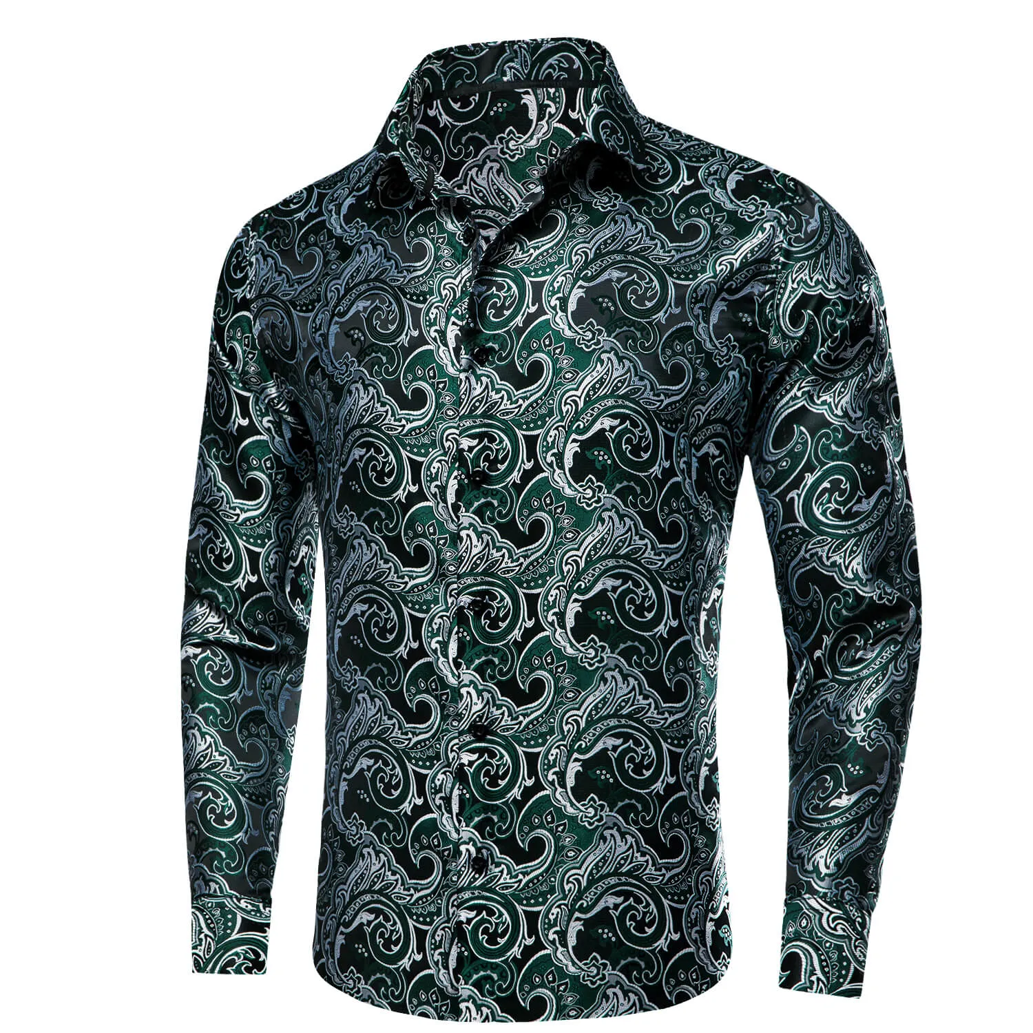 Ties2you Button Down Shirt Sapphire Pine Green Silver Jacquard Floral Silk Shirt