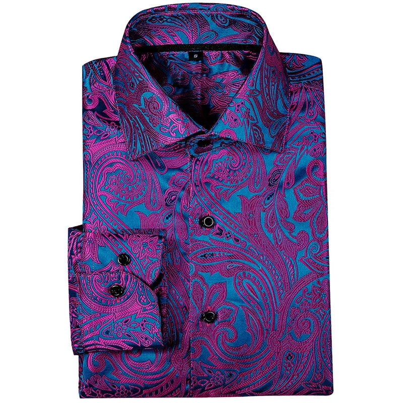 Ties2you Button Down Shirt Shining Purple Blue Paisley Silk Men's Shirt