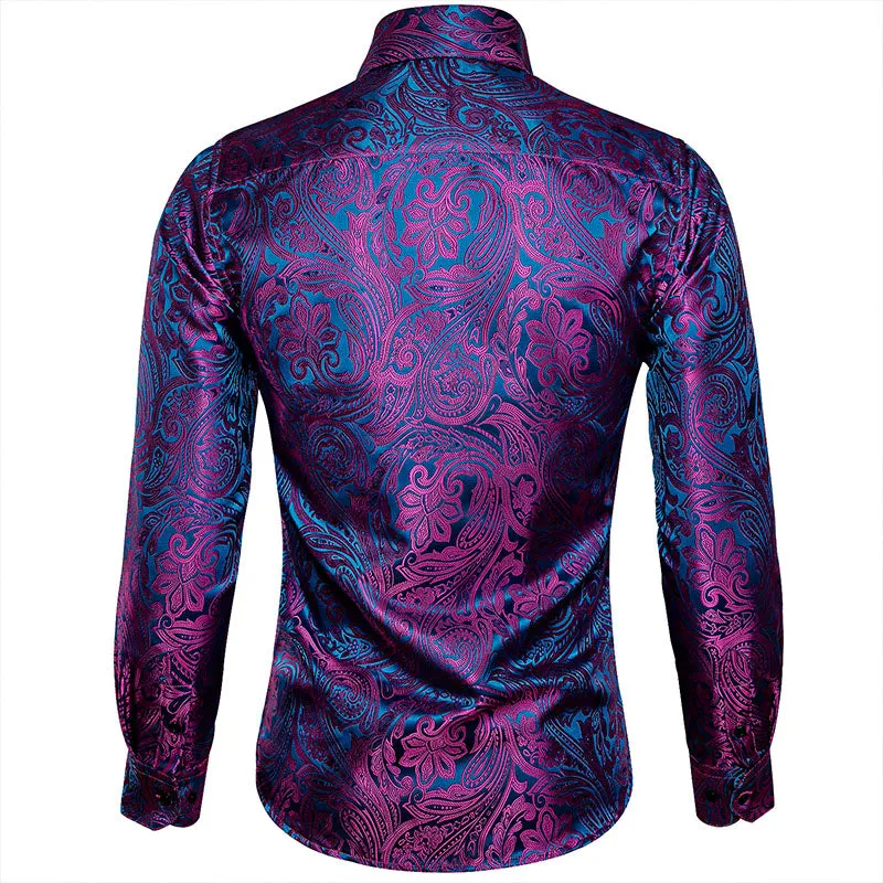 Ties2you Button Down Shirt Shining Purple Blue Paisley Silk Men's Shirt