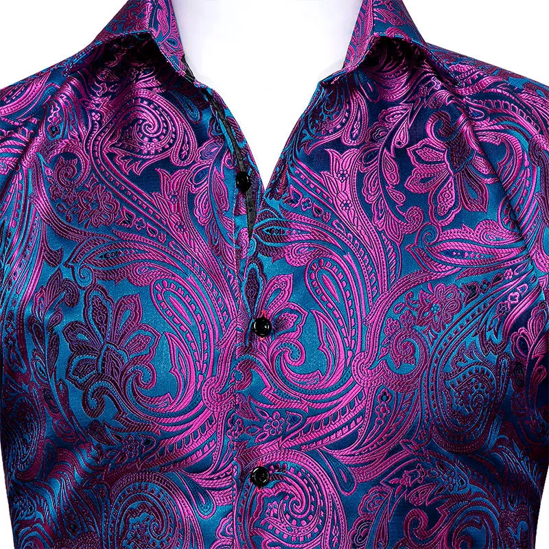 Ties2you Button Down Shirt Shining Purple Blue Paisley Silk Men's Shirt