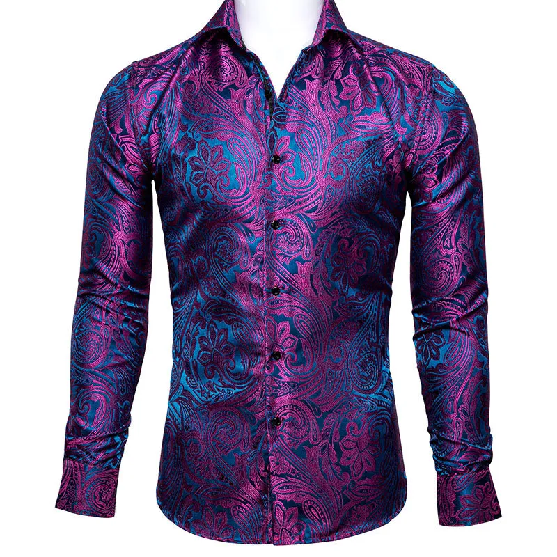 Ties2you Button Down Shirt Shining Purple Blue Paisley Silk Men's Shirt