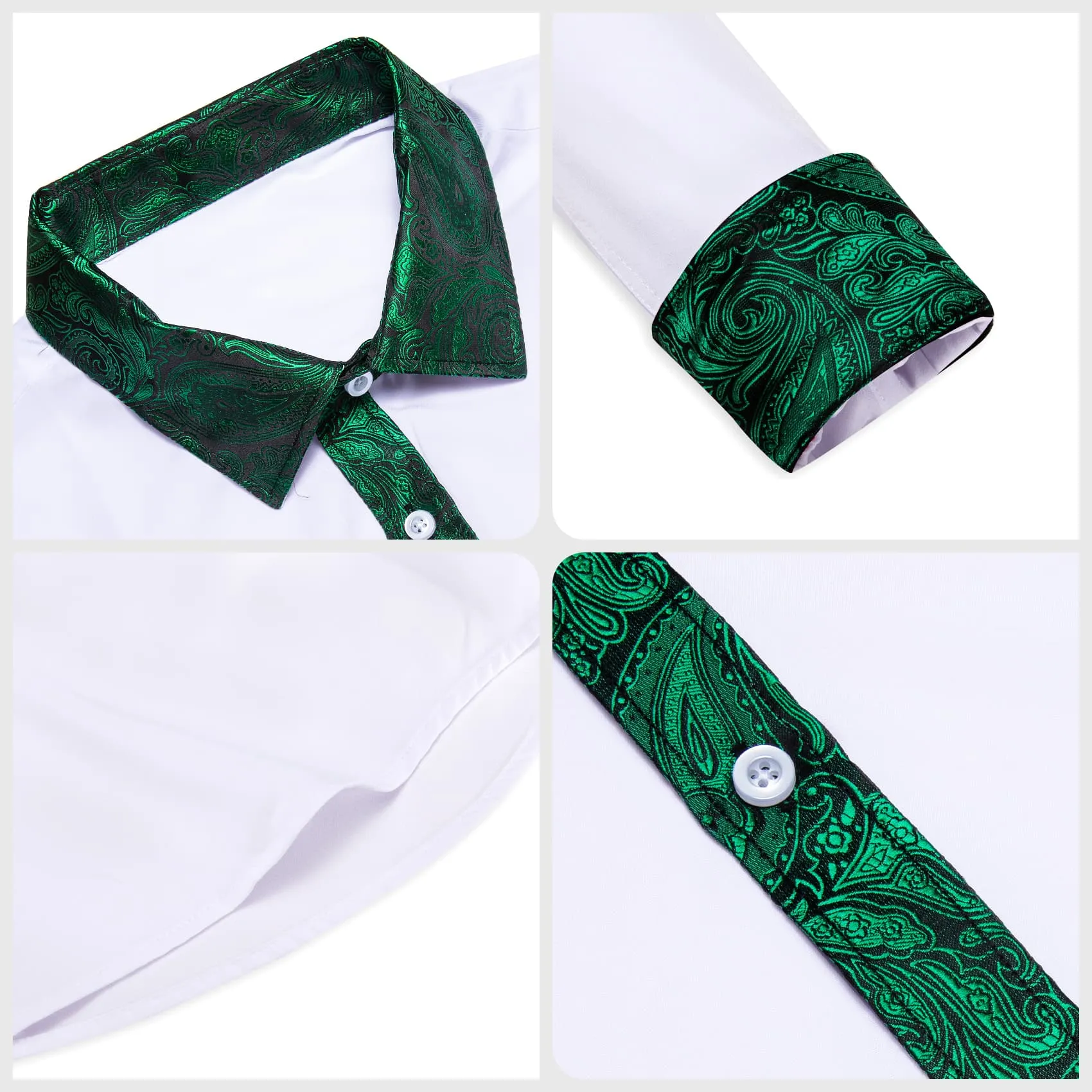 Ties2you Work Shirt White Green Splicing Long Sleeve Silk Mens Button Up Shirt