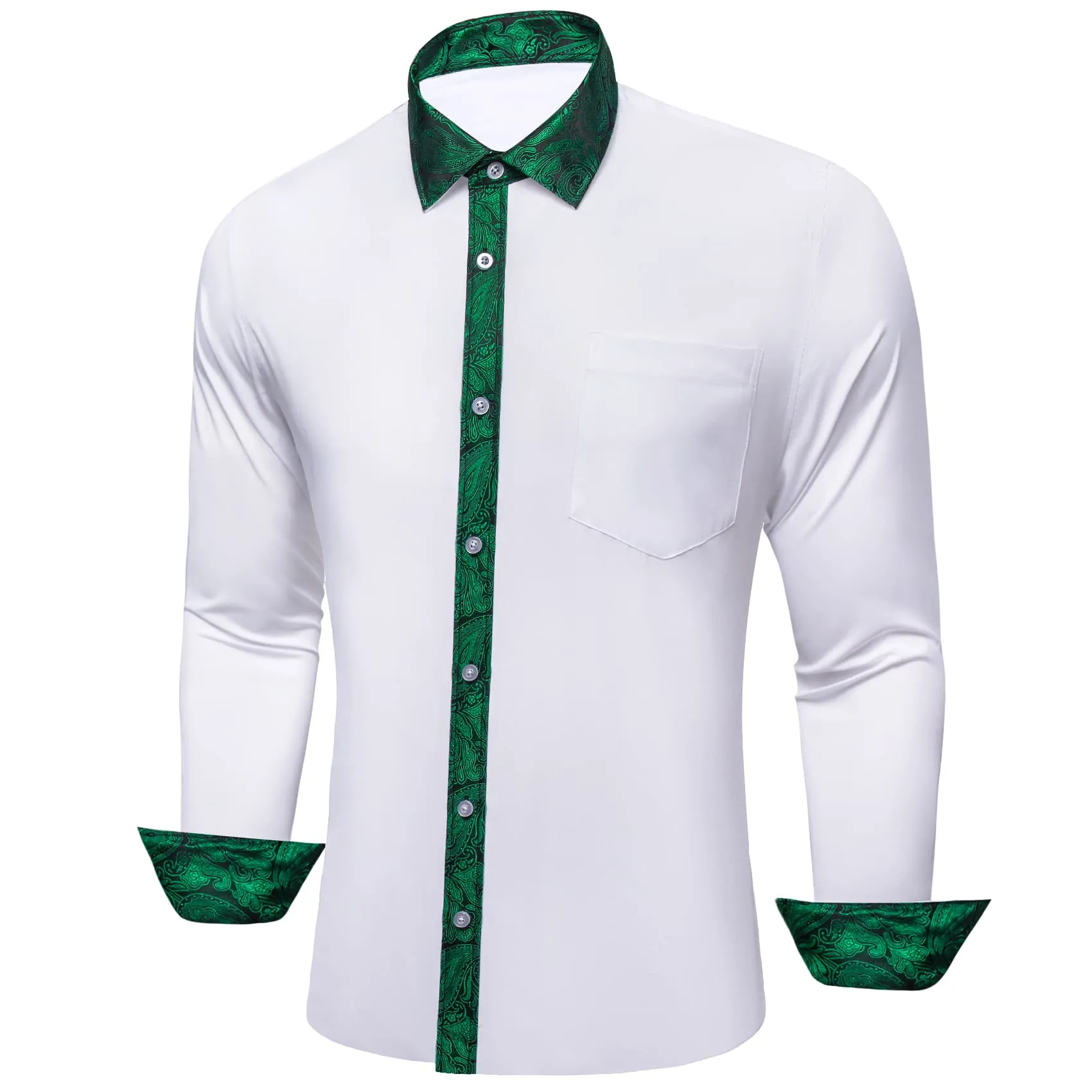 Ties2you Work Shirt White Green Splicing Long Sleeve Silk Mens Button Up Shirt