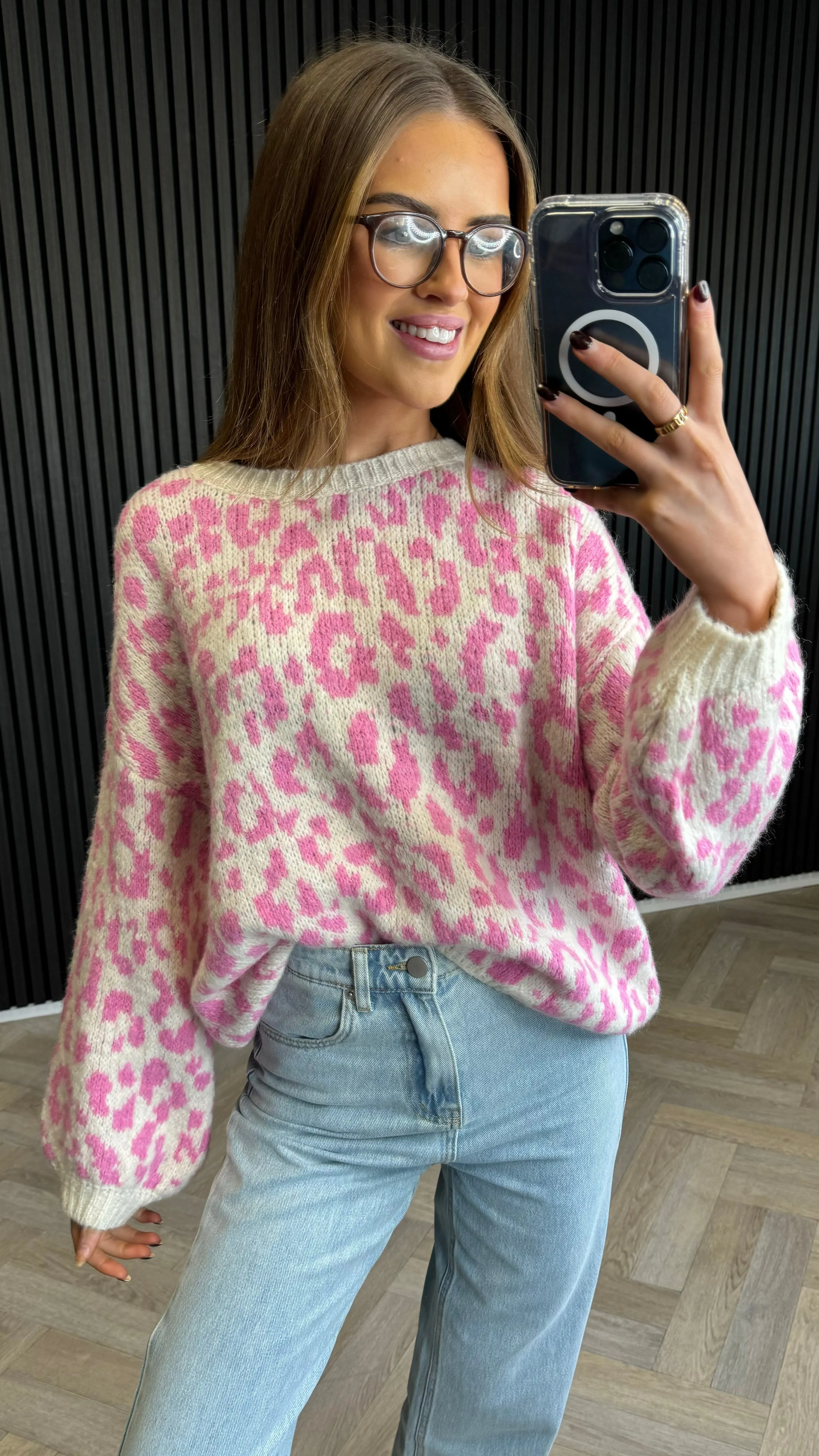 Tommi Pink & Beige Leopard Print Jumper