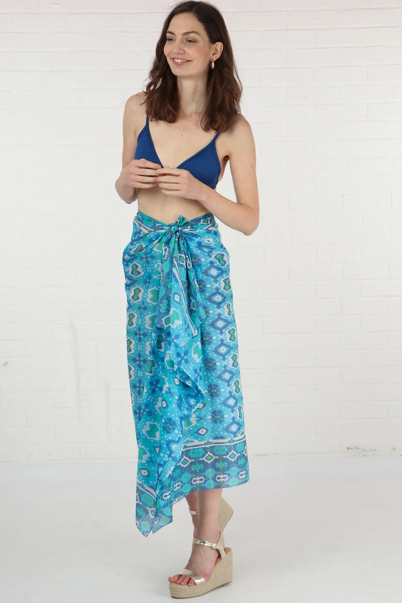 Turkish Ikat Print Cotton Scarf in Aqua Blue