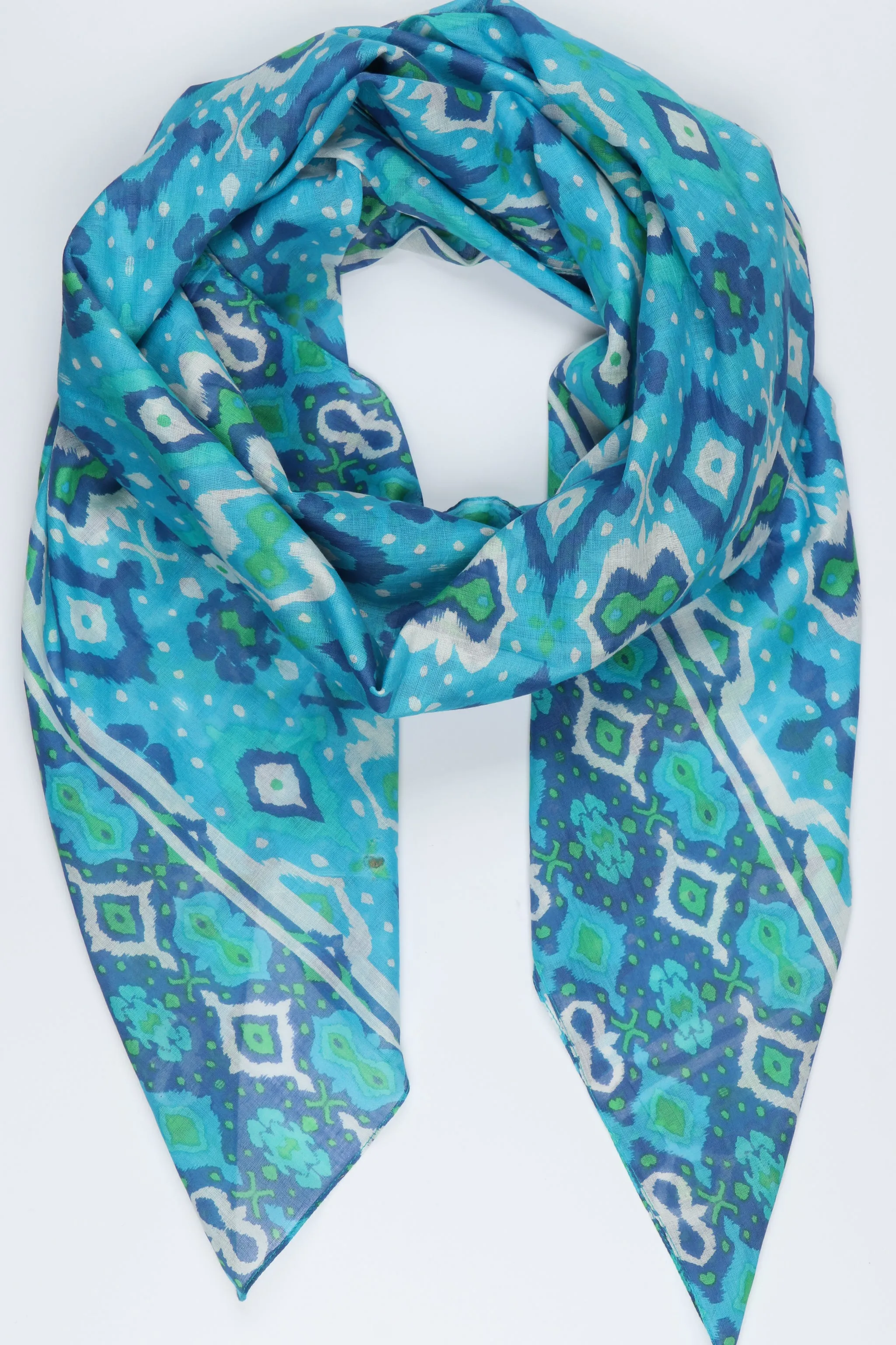 Turkish Ikat Print Cotton Scarf in Aqua Blue