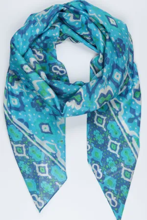 Turkish Ikat Print Cotton Scarf in Aqua Blue
