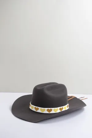 White Beaded Hat Band with Neutral Hearts