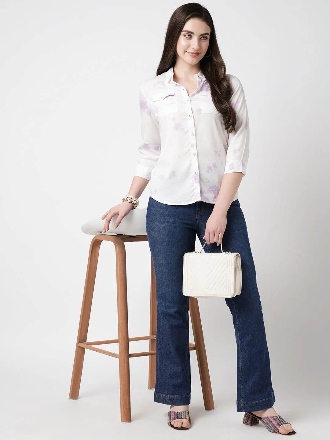 Women Lilac Tie & Dye Three-Quarter Sleeves Shirts
