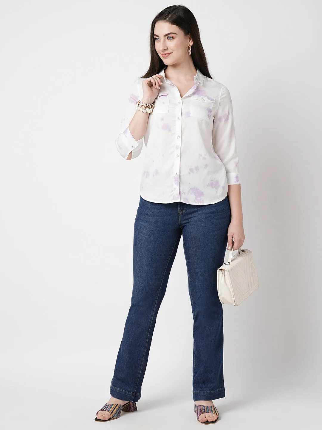 Women Lilac Tie & Dye Three-Quarter Sleeves Shirts