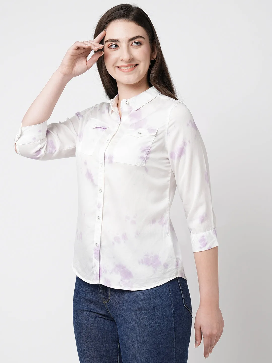 Women Lilac Tie & Dye Three-Quarter Sleeves Shirts