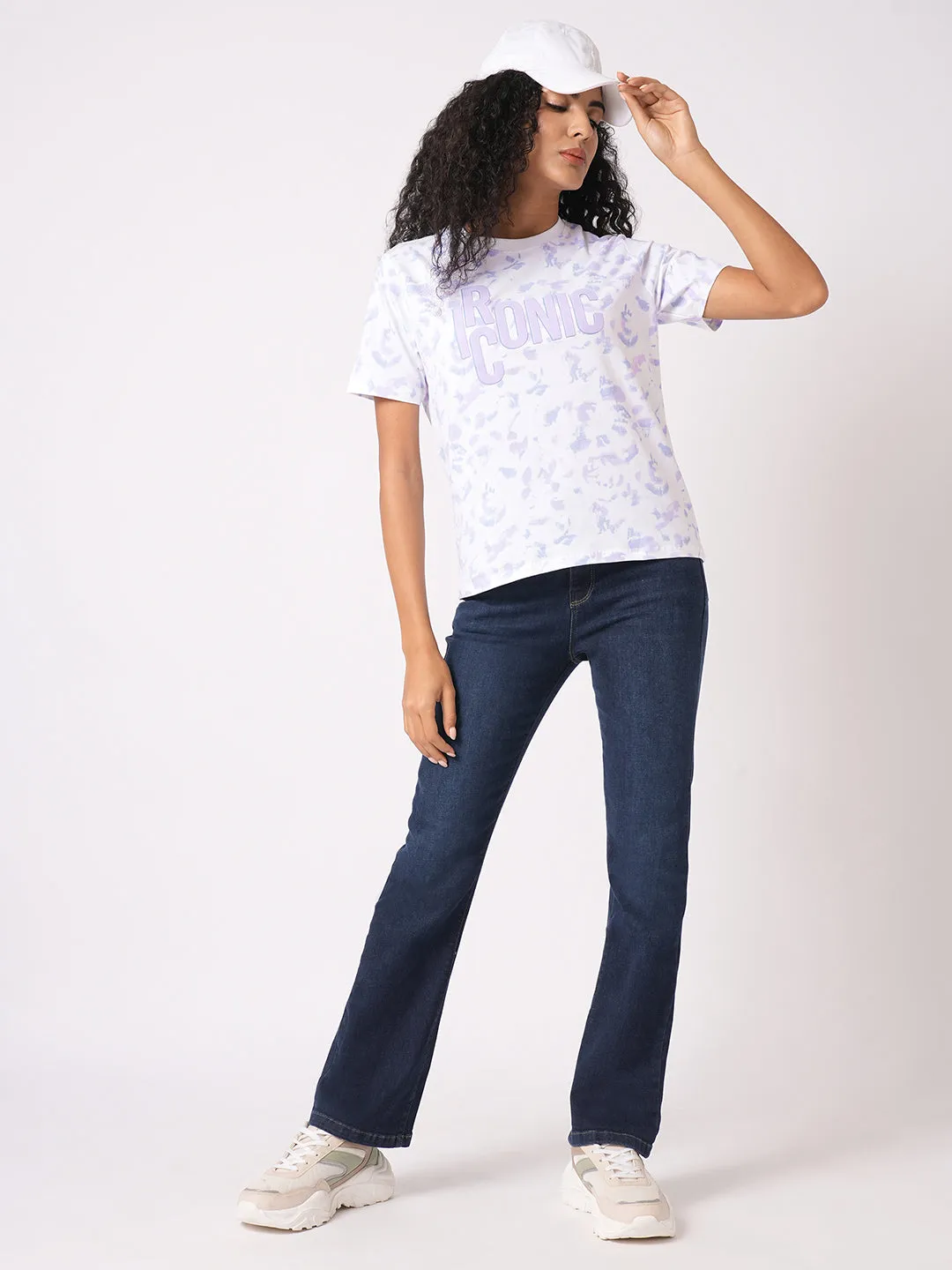 Women Slim Fit Lilac/Blue Tie & Dyed Boxy T-Shirt Chest Print
