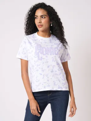 Women Slim Fit Lilac/Blue Tie & Dyed Boxy T-Shirt Chest Print