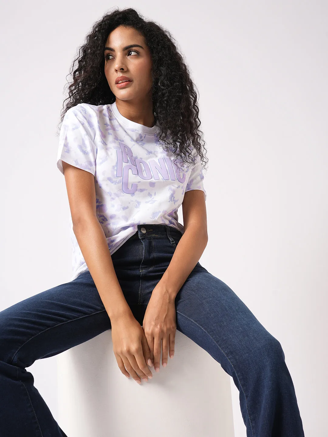Women Slim Fit Lilac/Blue Tie & Dyed Boxy T-Shirt Chest Print