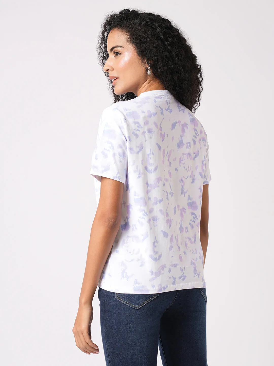 Women Slim Fit Lilac/Blue Tie & Dyed Boxy T-Shirt Chest Print