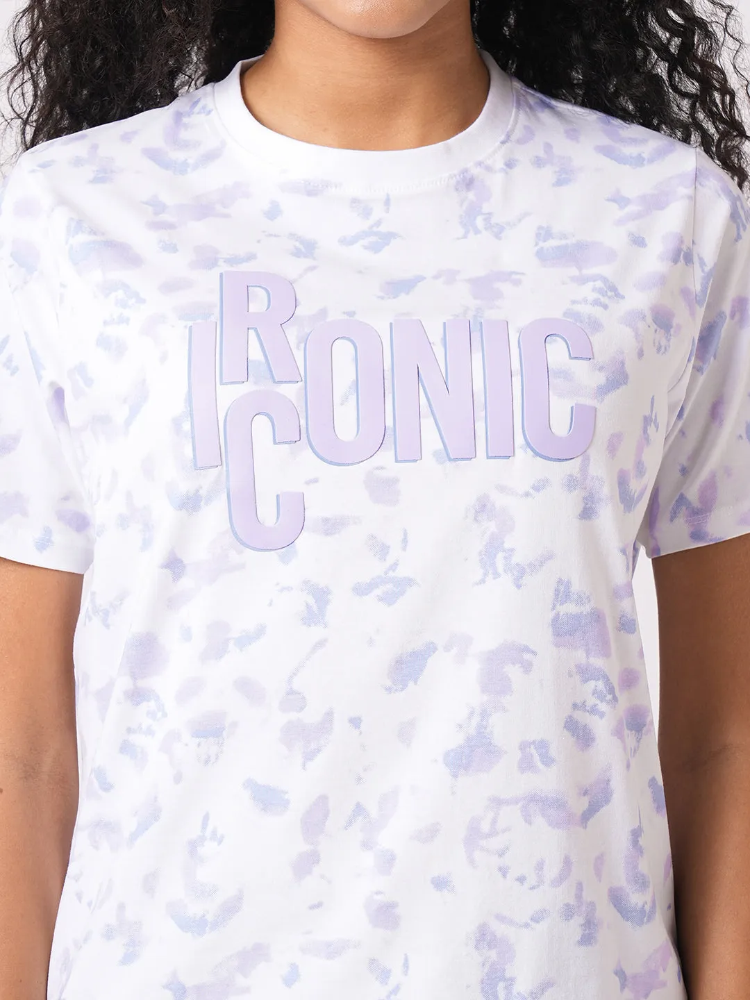 Women Slim Fit Lilac/Blue Tie & Dyed Boxy T-Shirt Chest Print