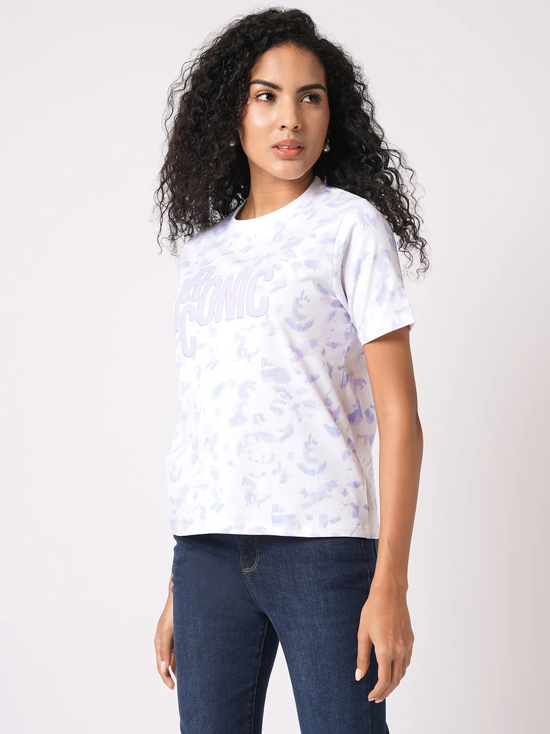 Women Slim Fit Lilac/Blue Tie & Dyed Boxy T-Shirt Chest Print