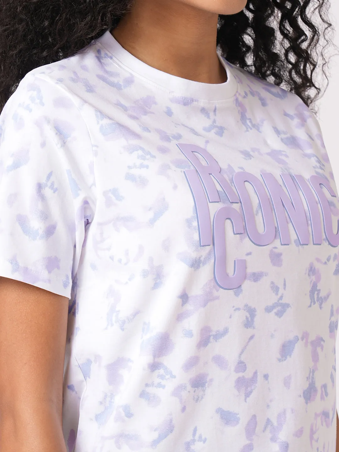 Women Slim Fit Lilac/Blue Tie & Dyed Boxy T-Shirt Chest Print