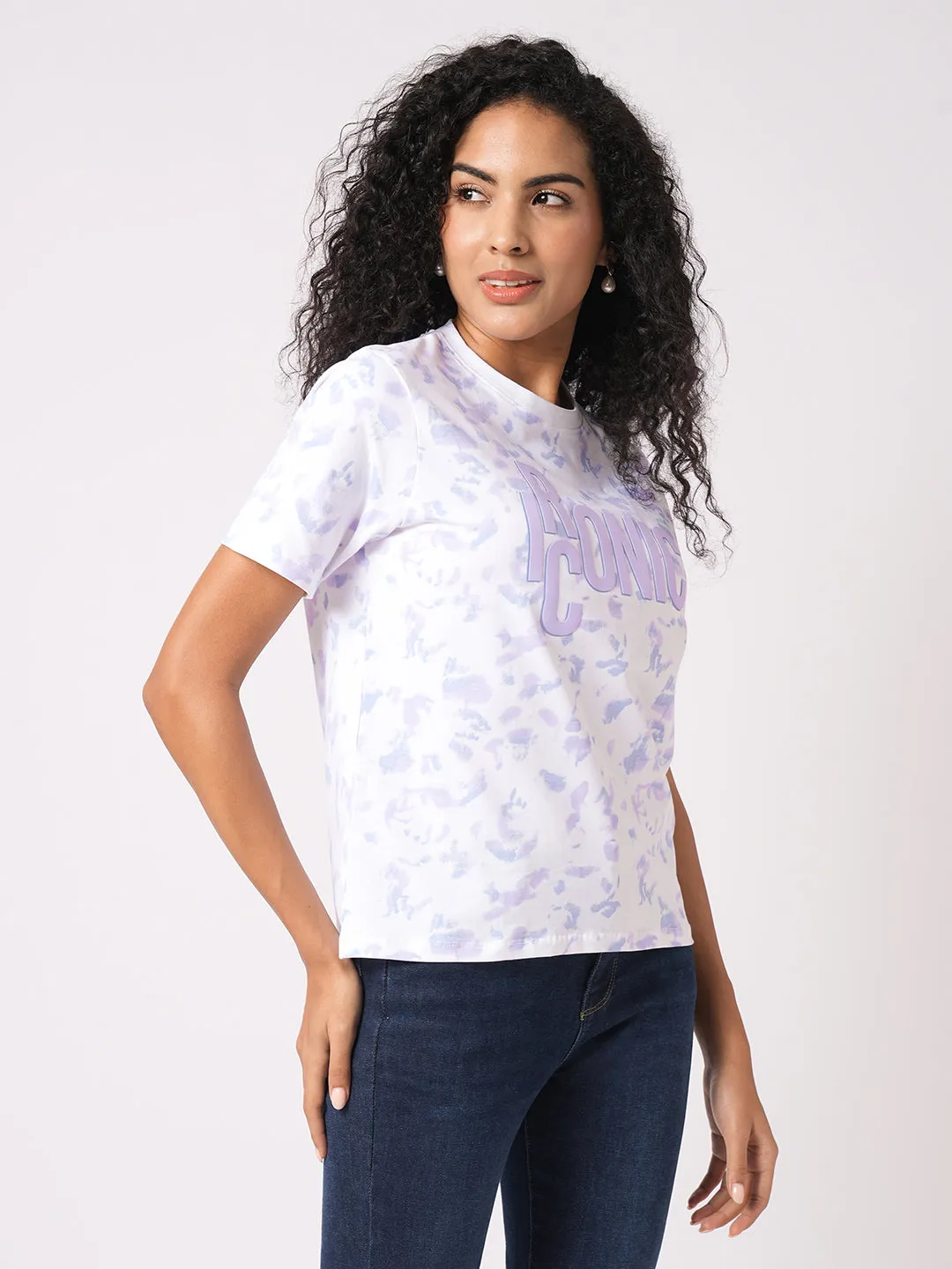 Women Slim Fit Lilac/Blue Tie & Dyed Boxy T-Shirt Chest Print