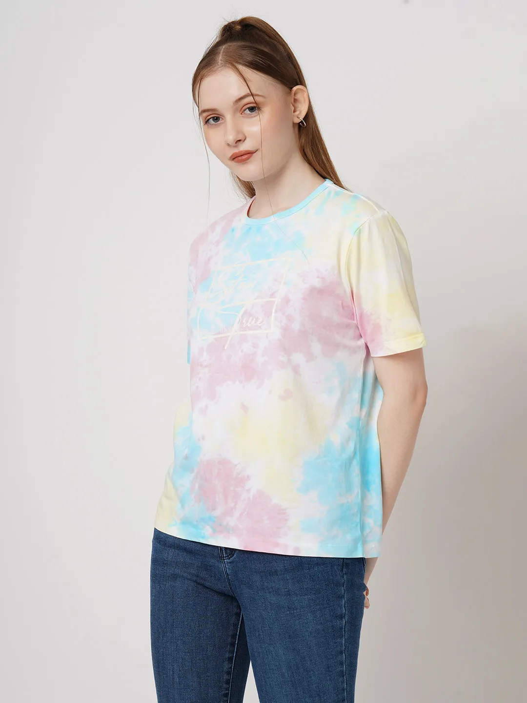 Women Slim Fit Multi Tie Dyed Boxy Chest Print T-Shirt