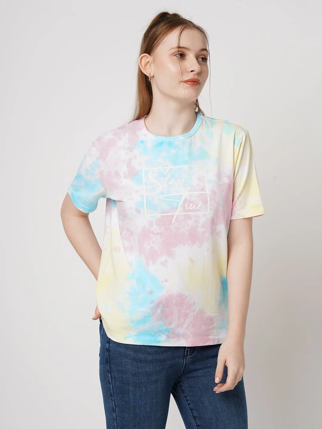 Women Slim Fit Multi Tie Dyed Boxy Chest Print T-Shirt