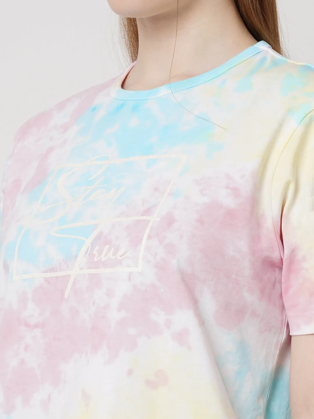 Women Slim Fit Multi Tie Dyed Boxy Chest Print T-Shirt
