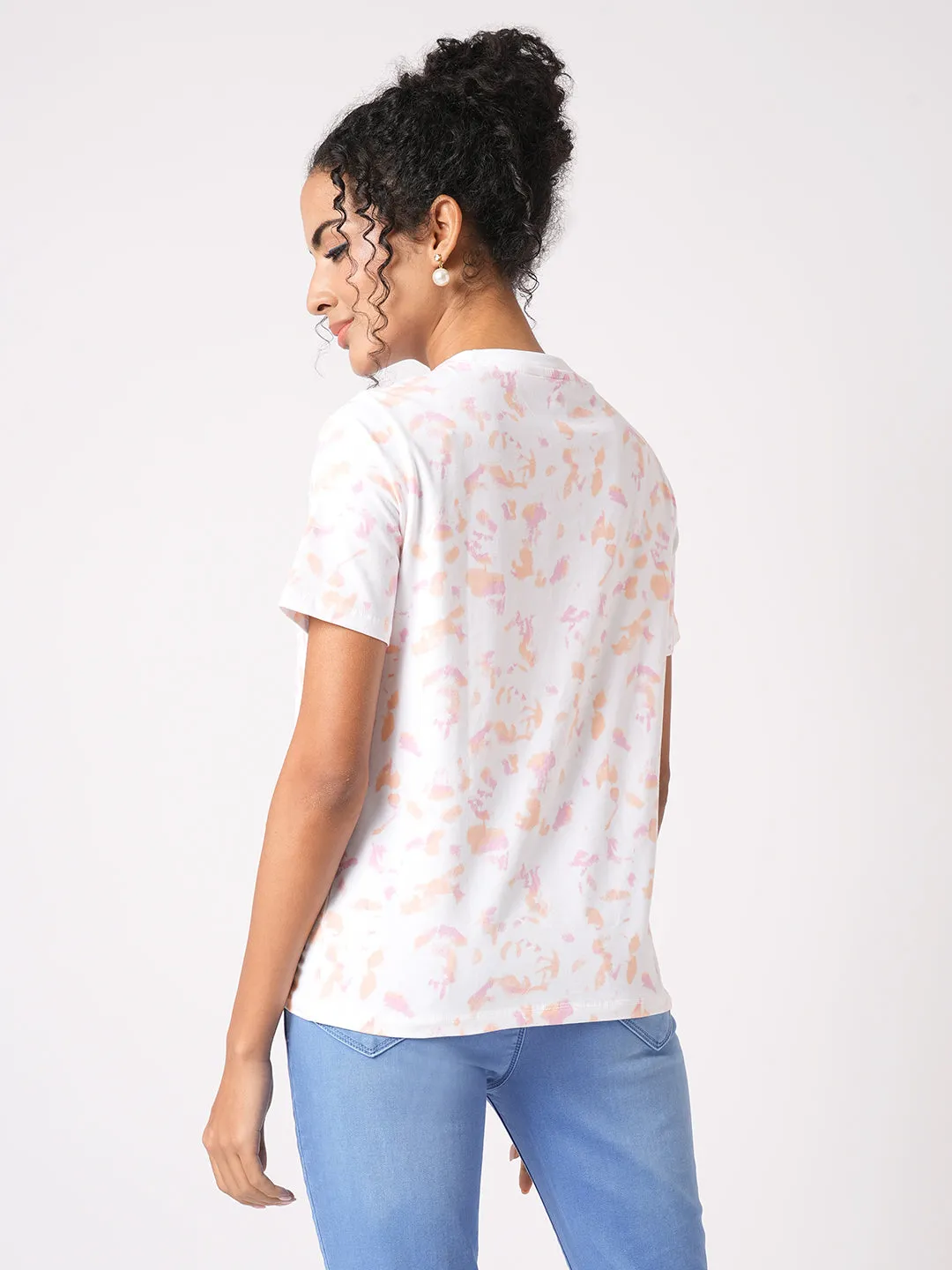Women Slim Fit Orange/Peach Tie & Dyed Boxy T-Shirt Chest Print