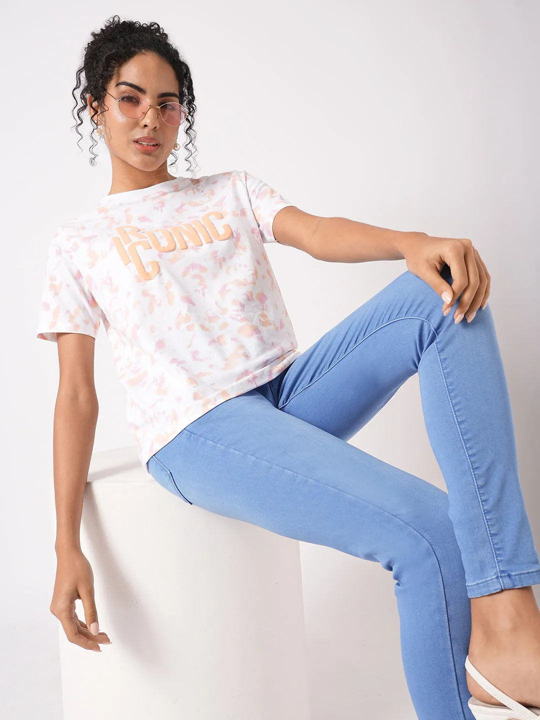 Women Slim Fit Orange/Peach Tie & Dyed Boxy T-Shirt Chest Print
