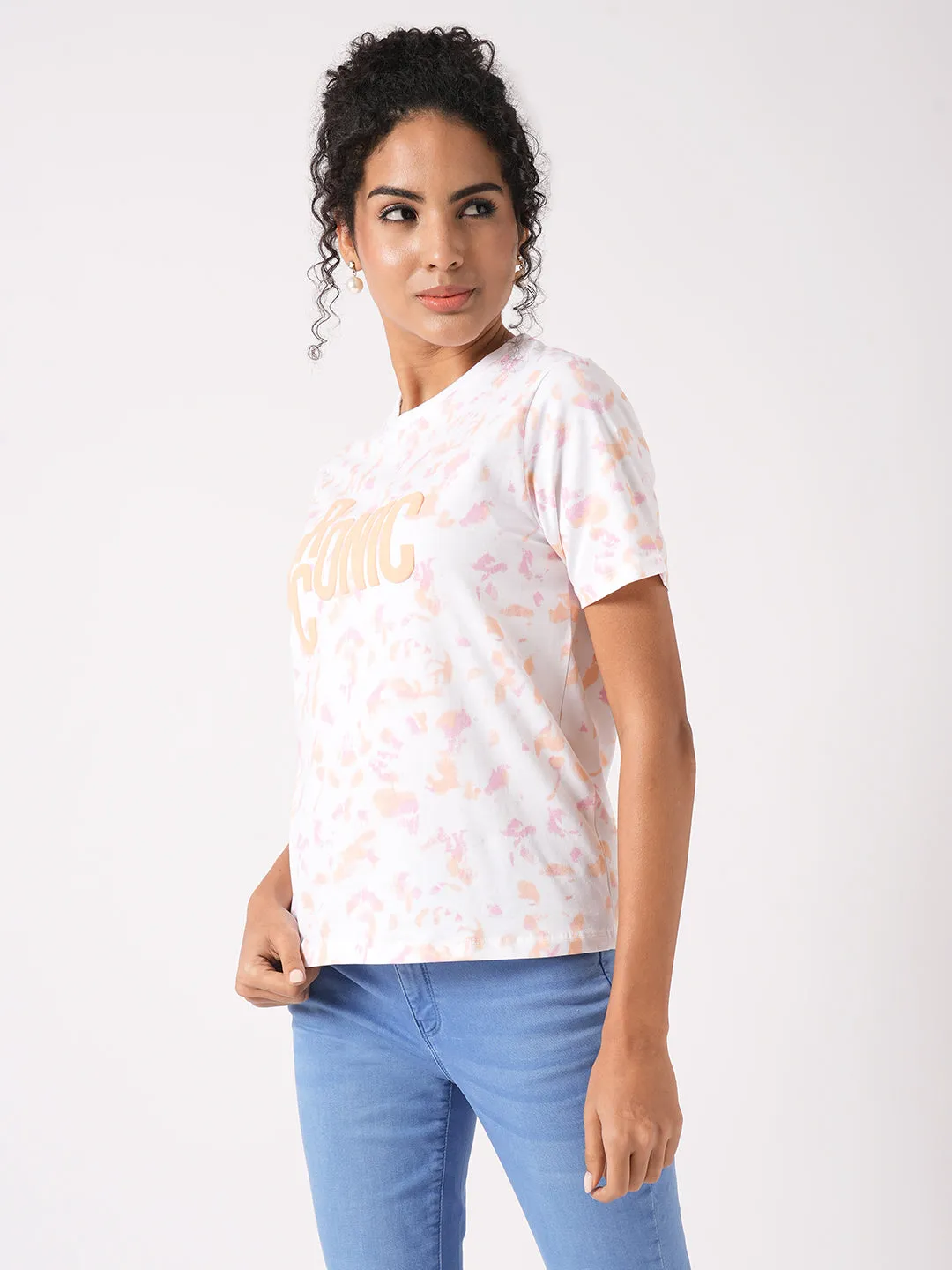 Women Slim Fit Orange/Peach Tie & Dyed Boxy T-Shirt Chest Print