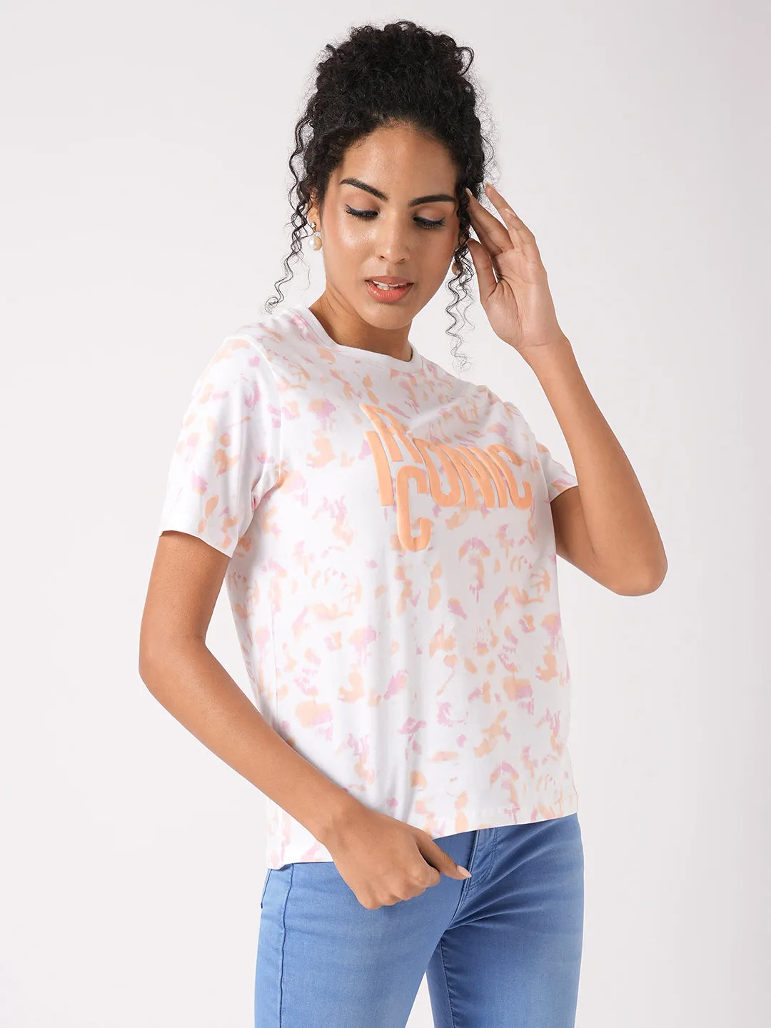 Women Slim Fit Orange/Peach Tie & Dyed Boxy T-Shirt Chest Print